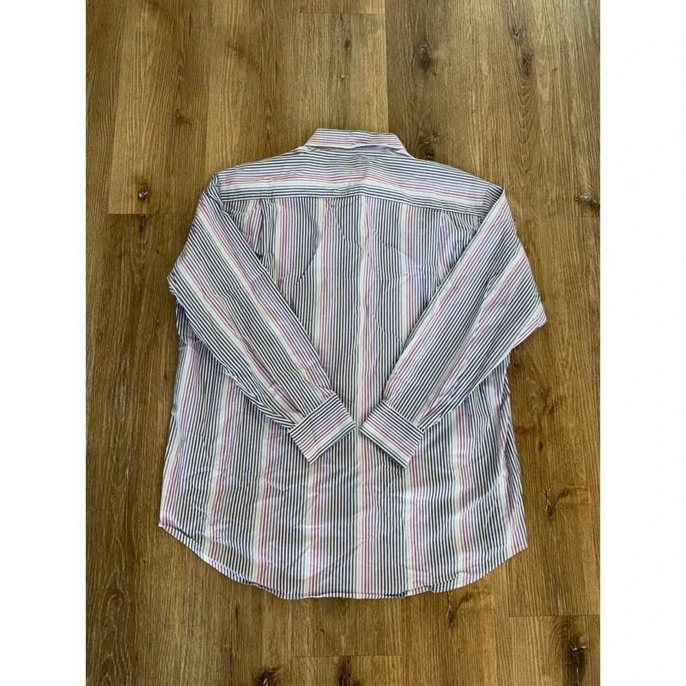 Nautica Button Down Shirt Mens 17.5 34/35 Blue Pink Striped Comfort Stretch L/XL